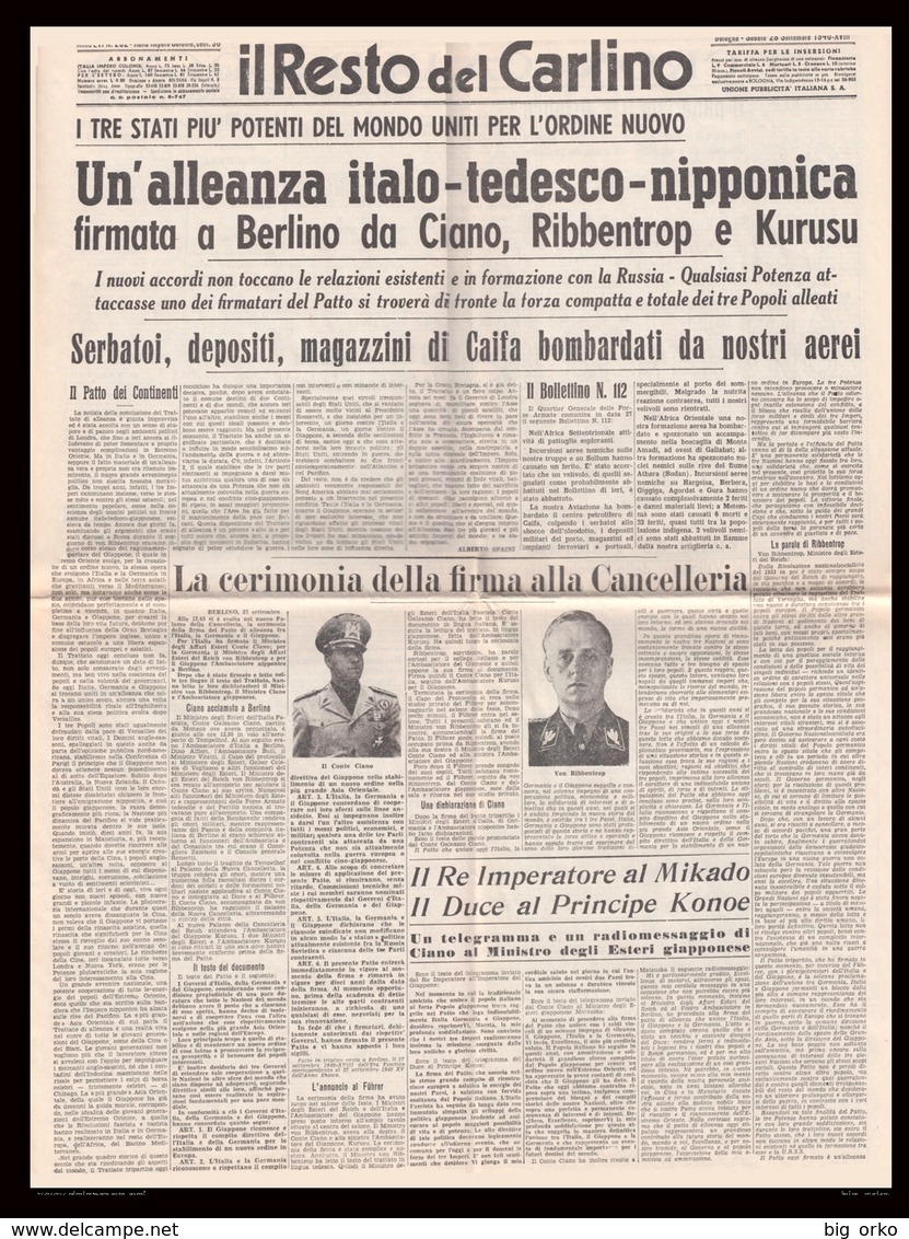 IL RESTO DEL CARLINO - 28 Settembre 1940 Anno XVIII - Il Patto Tripartito Roma / Berlino / Tokyo - Italian
