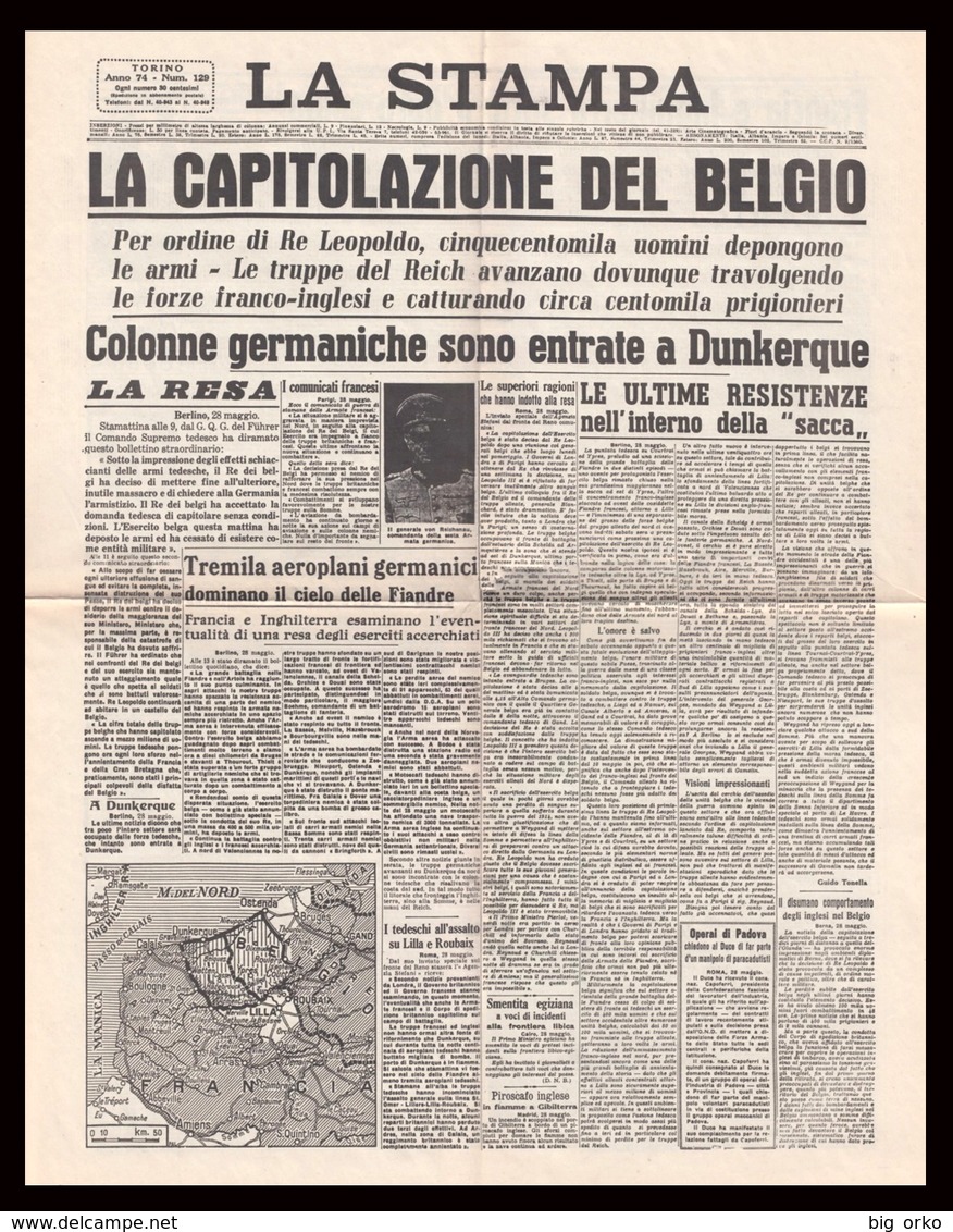 LA STAMPA (Torino) - 29 Maggio 1940   XVIII - Capitolazione Del Belgio - Tedeschi A Dunkerque - Italian