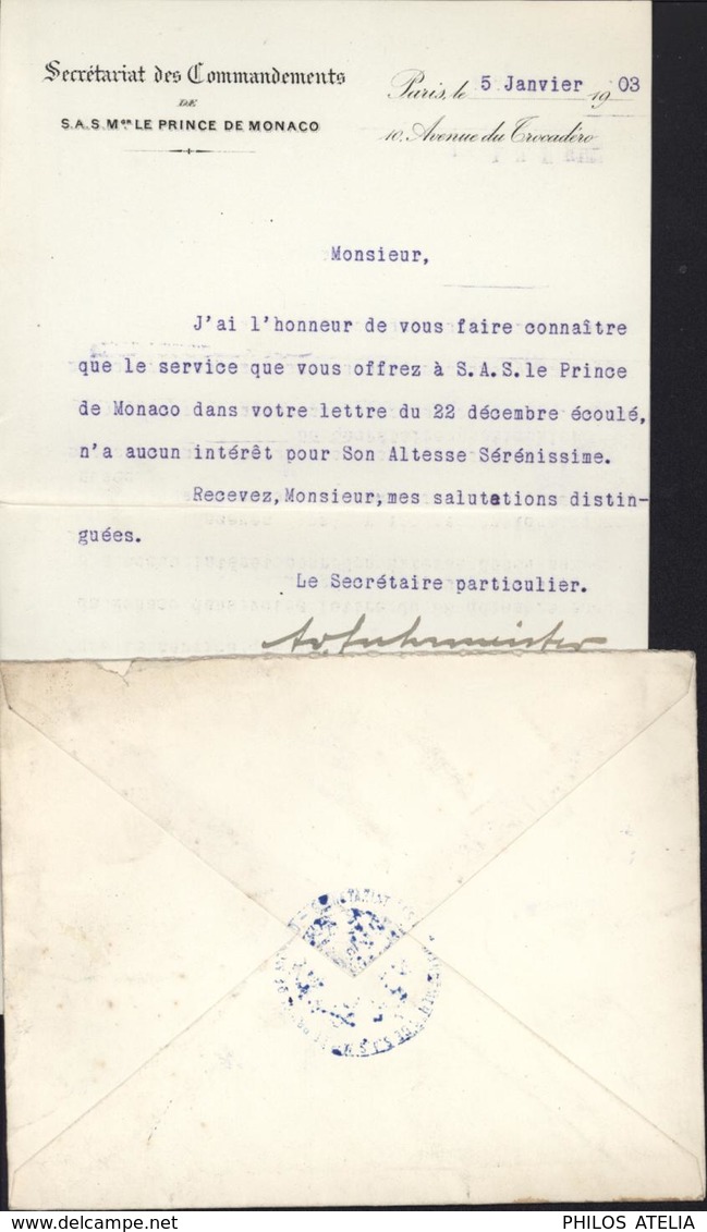 Secrétariat Commandements De Prince Monaco Cursive Bleue SAS Mr Le Prince De Monaco YT 117 Mouchon France CAD 1903 - Brieven En Documenten