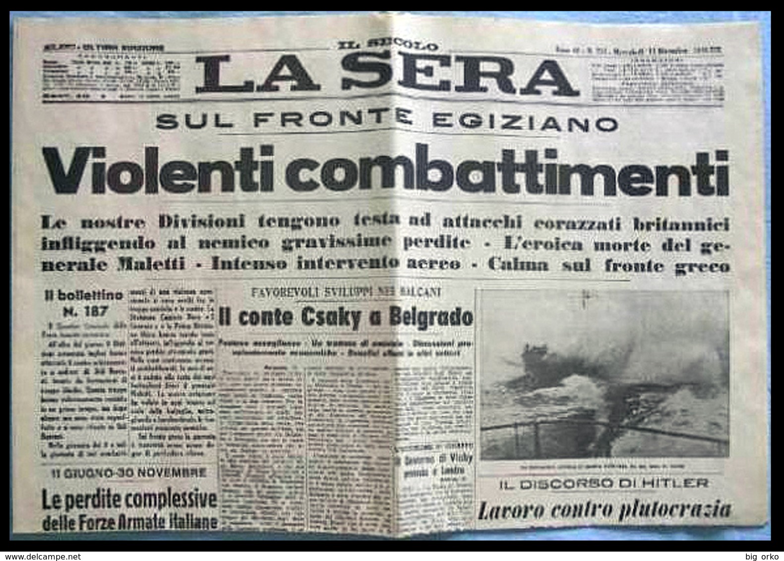 LA SERA (Milano) - 11 Dicembre 1940 XIX (Fronte Nord Africano - Bombardamento Aereo Su Londra) - Italien