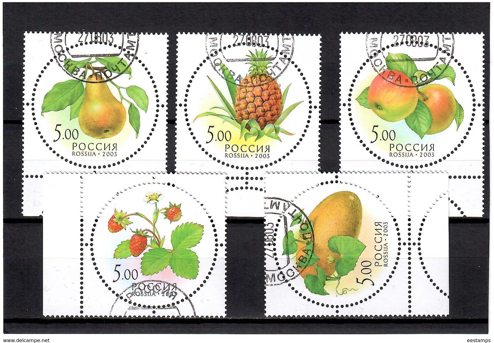 Russia 2003 .  Fruits (round Perf, Perfuming). 5v X 5.oo.   Michel # 1113-17  (oo) - Gebruikt