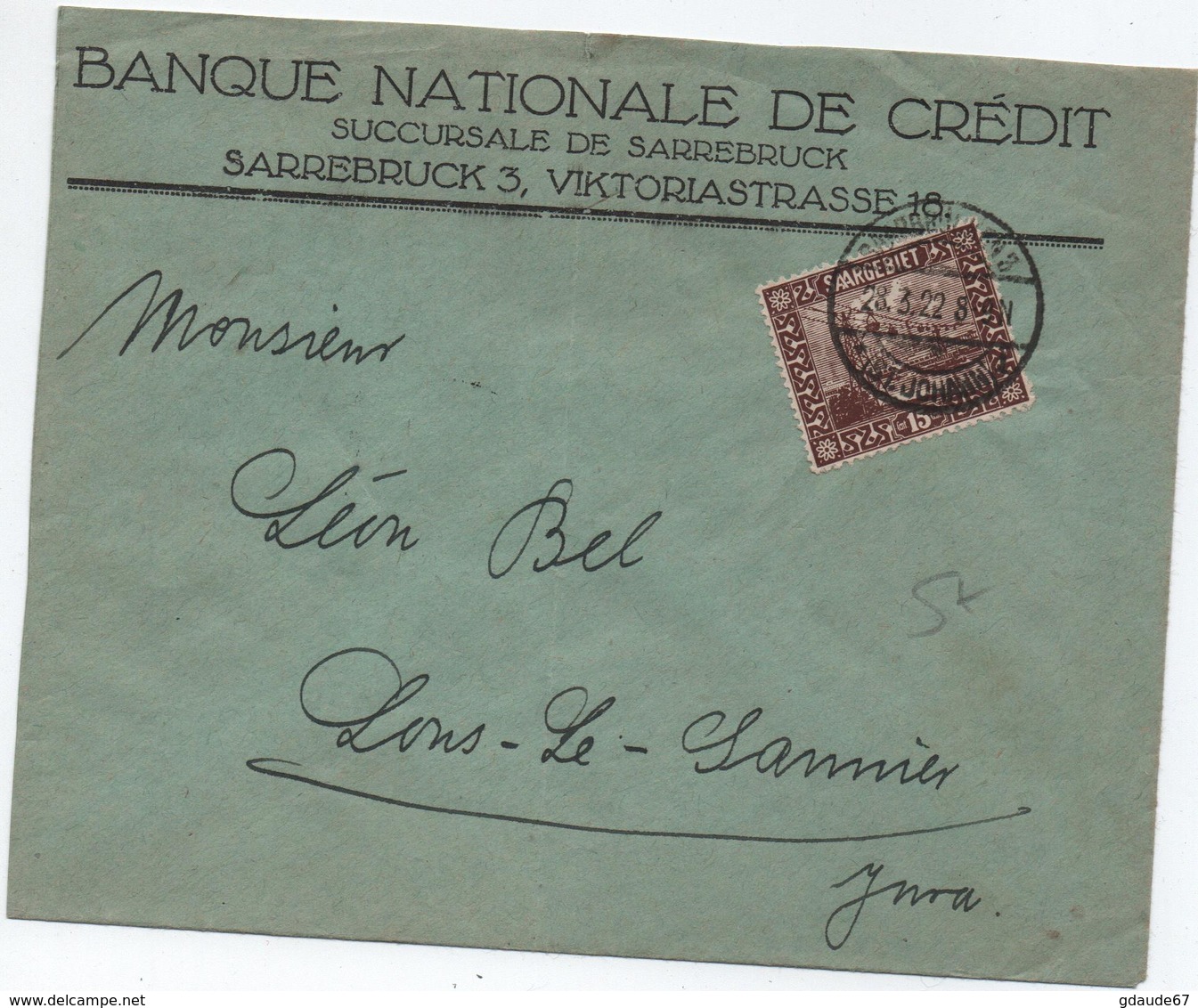 SARRE / SAARGEBIET - 1922 - ENVELOPPE COMMERCIALE De SAARBRUCKEN Pour LONS LE SAUNIER (JURA) - Covers & Documents