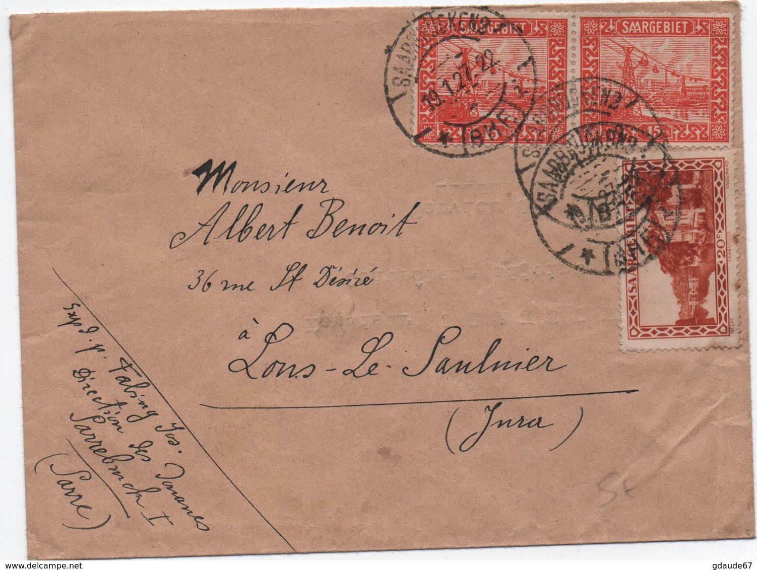 SARRE / SAARGEBIET - 1927 - ENVELOPPE De SAARBRUCKEN Pour LONS LE SAUNIER (JURA) - Storia Postale