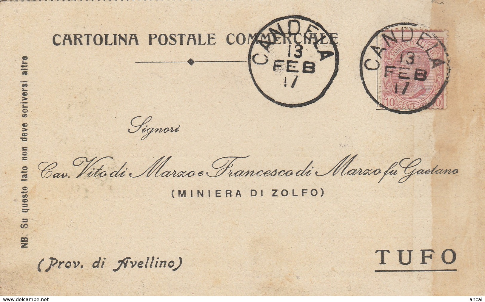 A80. Candela. 1917. Annullo Grande Cerchio CANDELA, Su Cartolina Postale Commerciale - Storia Postale