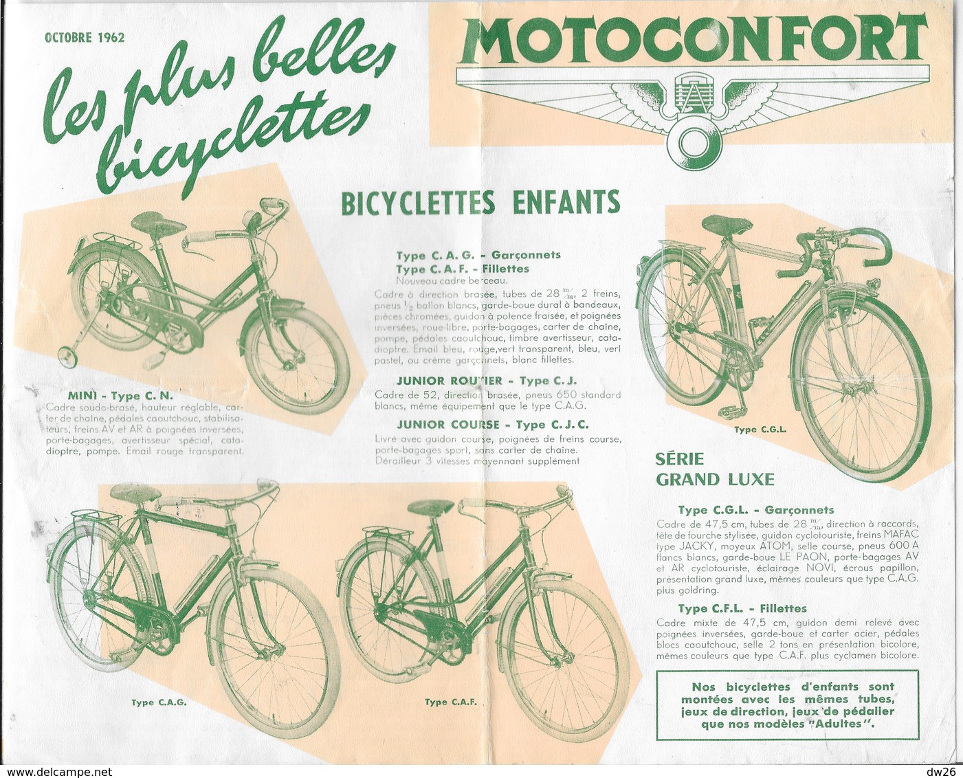 Dépliant - Catalogue De Vélos Et Bicyclettes Françaies Motoconfort, (Sport, Enfants, Adultes) Octobre 1962 - Sport En Toerisme