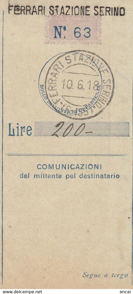 Ferrari Stazione Serino. 1918. Annullo Frazionario ( 6 - 155) + Annullo Linare, Su Ricevuta. - Storia Postale