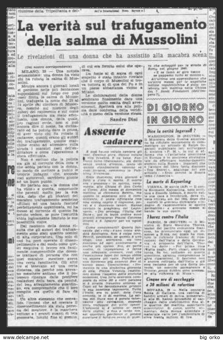 IL MESSAGGERO (Roma) – 30 Aprile 1946 (Trafugamento Della Salma Di Mussolini - Cronaca Di Roma) - Italian