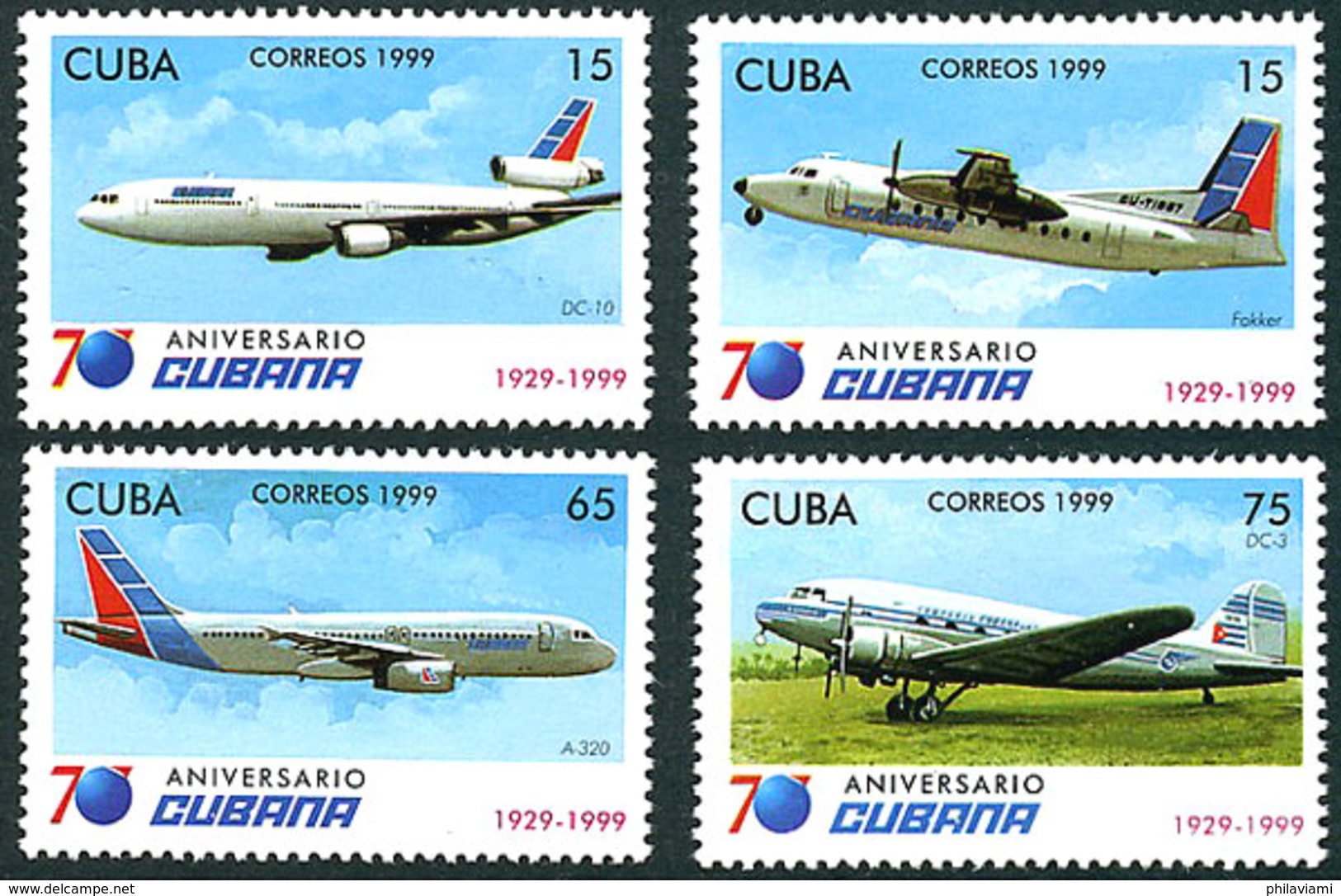 Cuba Kuba 1999 Cubana 70 Years Fokker Friendship  Douglas DC-10 DC-3 Airbus A-320 - Avions