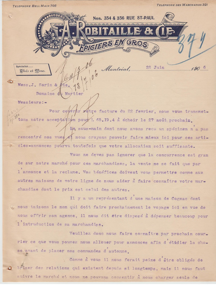 CANADA: A. ROBITAILLE & Cie Epiciers En Gros, Rue St Paul à Montréal / Lettre De 1906 Pour Cognac - Canada