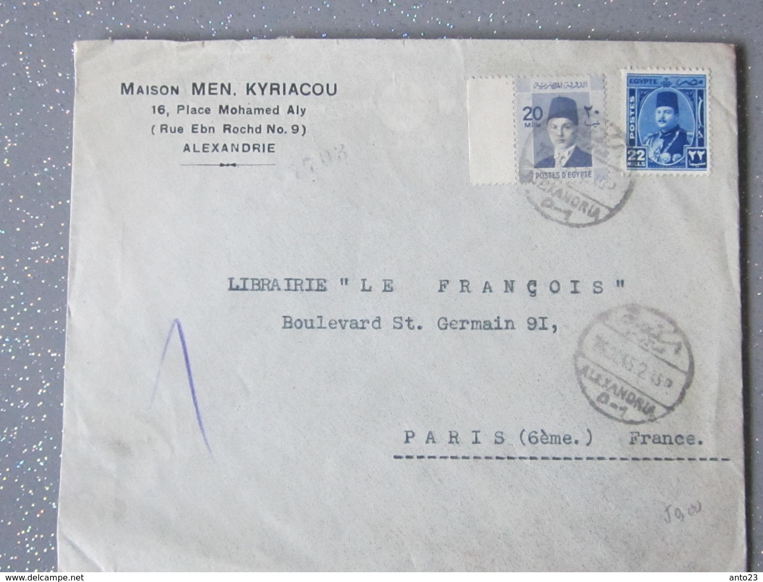 MARCOPHILIE Lettre ALEXANDRIE POUR LA  FRANCE " Librairie Le Francois" Paris 6 Eme Cachet Alexandria - Brieven En Documenten