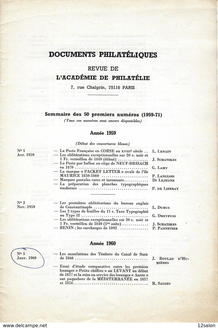 ACADEMIE DE PHILATELIE DOCUMENTS PHILATELIQUES  Sommaire 50 Premiers N° De 1959 à 1971 - Andere & Zonder Classificatie