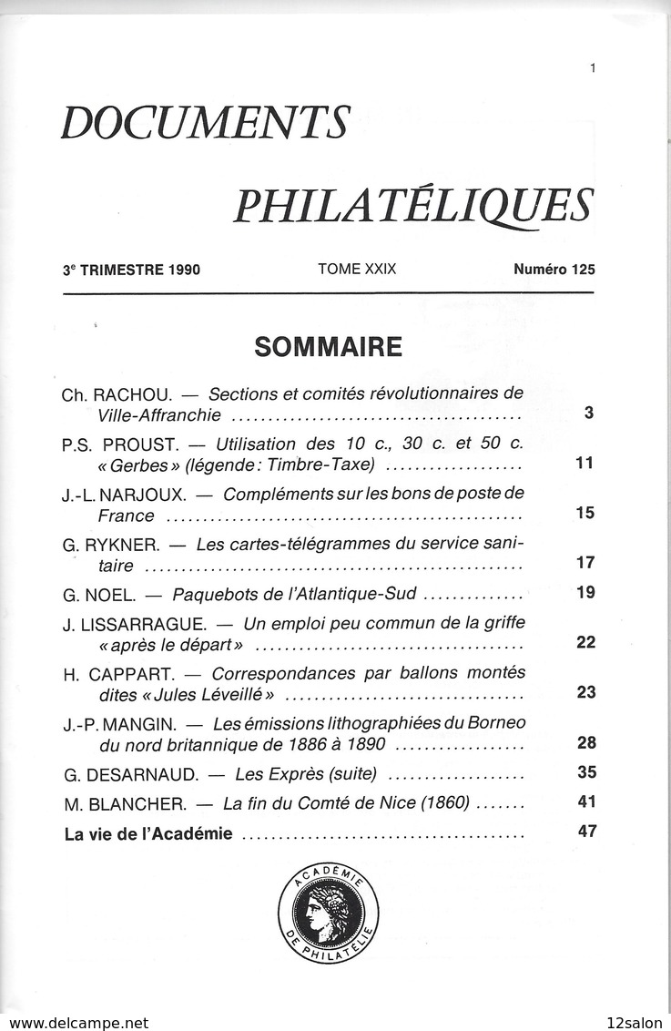 ACADEMIE DE PHILATELIE DOCUMENTS PHILATELIQUES  N° 125 +  Sommaire - Other & Unclassified