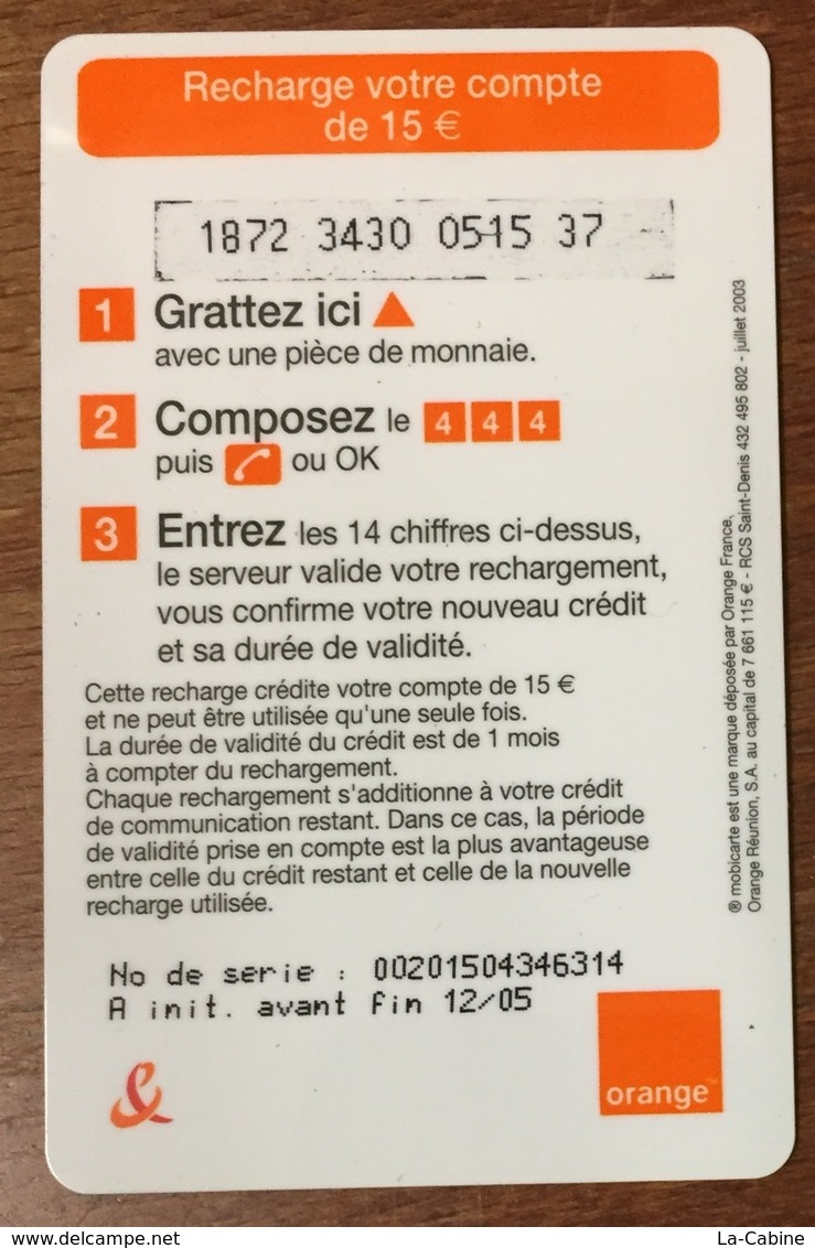 RÉUNION RIP CURL FEMME RECHARGE GSM ORANGE 15 EURO CARTE À CODE PHONECARD CARD PAS TÉLÉCARTE - Reunión