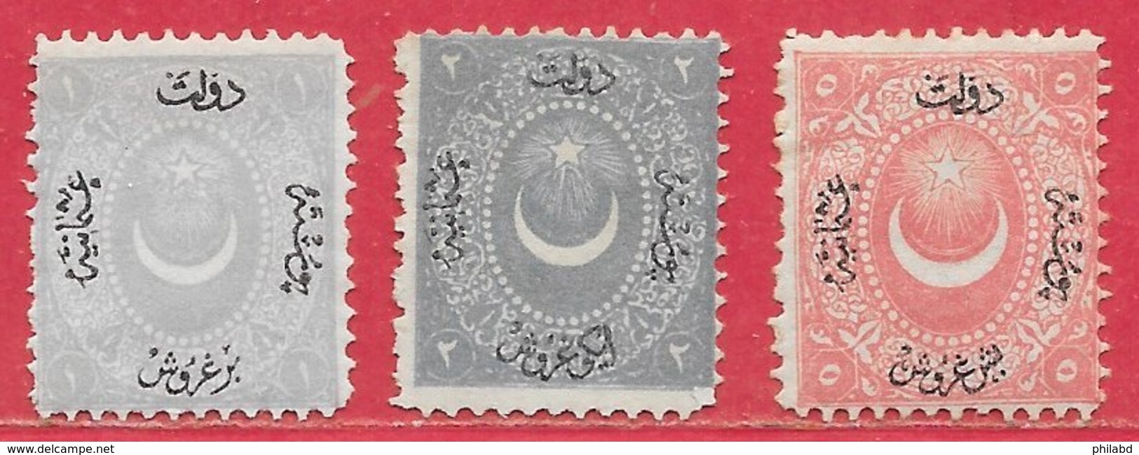 Turquie N°15 1P Gris-violet, N°16 2P Bleu-gris, N°17 5P Rose 1867 (*) - Neufs