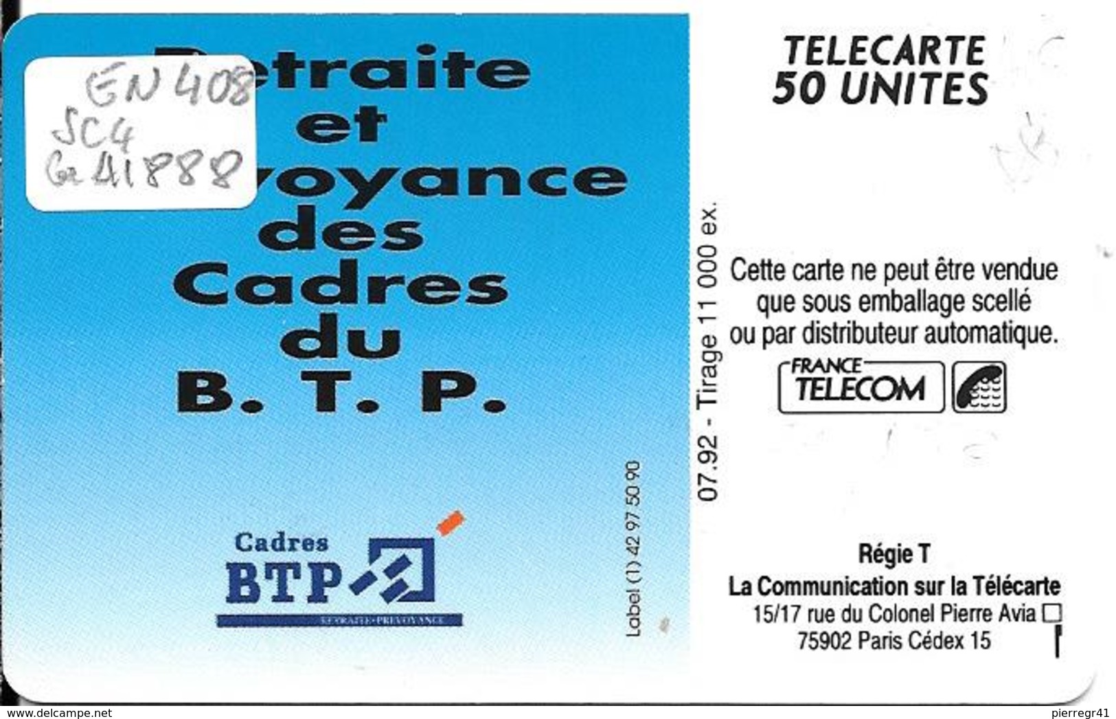 CARTE-PUCE-PRIVEE-PUBLIC- 50U-EN490-SC5-07/92-CADRES B.T.P-V°Imp 41888-Utilisé-TBE-LUXE - 50 Unités   
