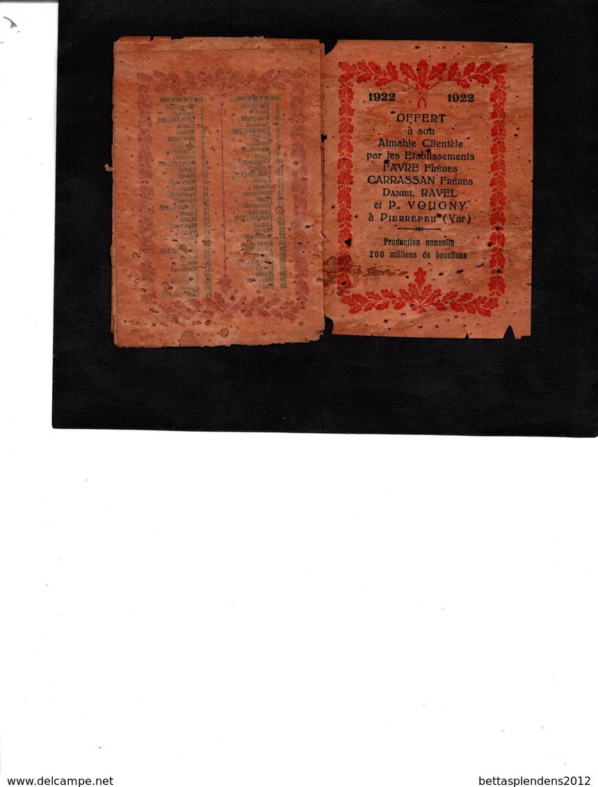 Petit Calendrier 1922 (FCRV) Offert Par FAVRE Frères, CARASSAN Frères, RAVEL Daniel, VOUGNY P  à PIERREFEU (Var) - Tamaño Pequeño : 1901-20