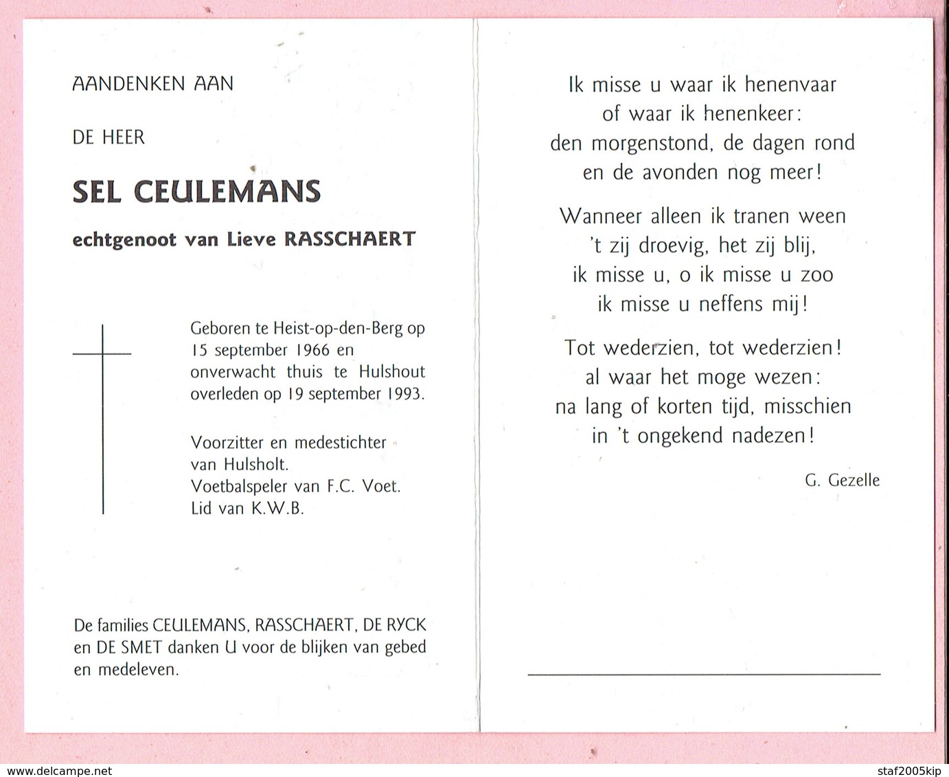 Bidprentje - Sel CEULEMANS Echtg. Lieve RASSCHAERT - Heist Op Den Berg 1966 - Hulshout 1993 - Godsdienst & Esoterisme