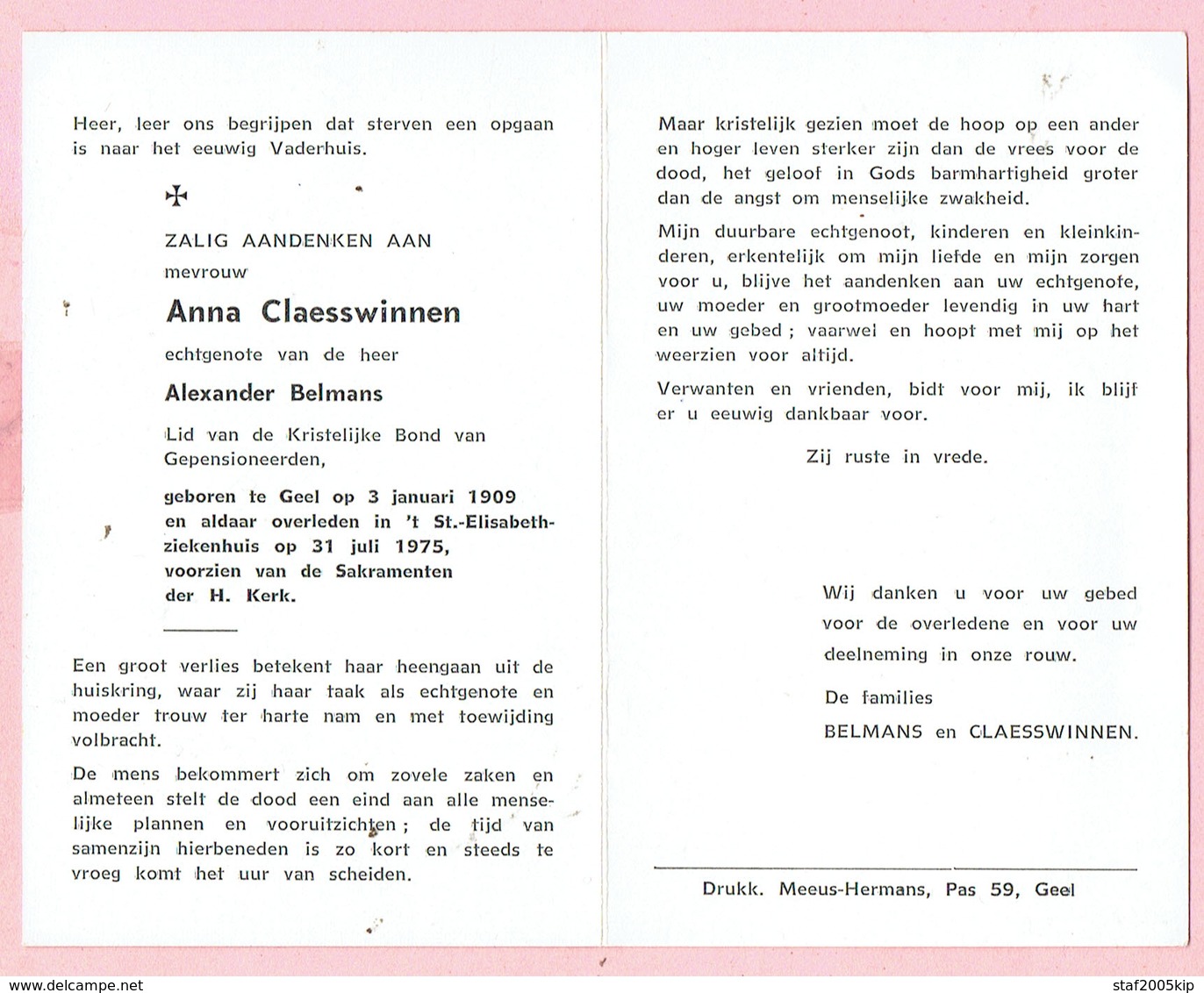 Bidprentje - Anna CLAESSWINNEN Echtg. Alexander BELMANS - Geel 1909 - 1975 - Godsdienst & Esoterisme