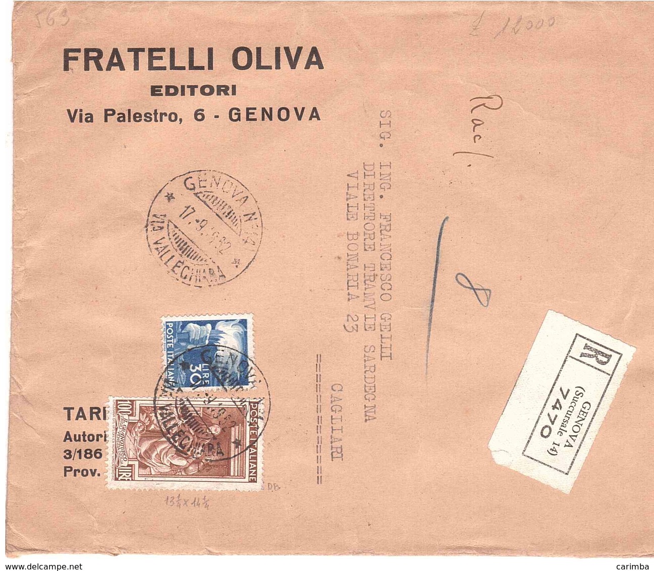 RACCOMANDATA TRE PORTI FRATELLI OLIVA EDITORI GENOVA - 1946-60: Marcophilie