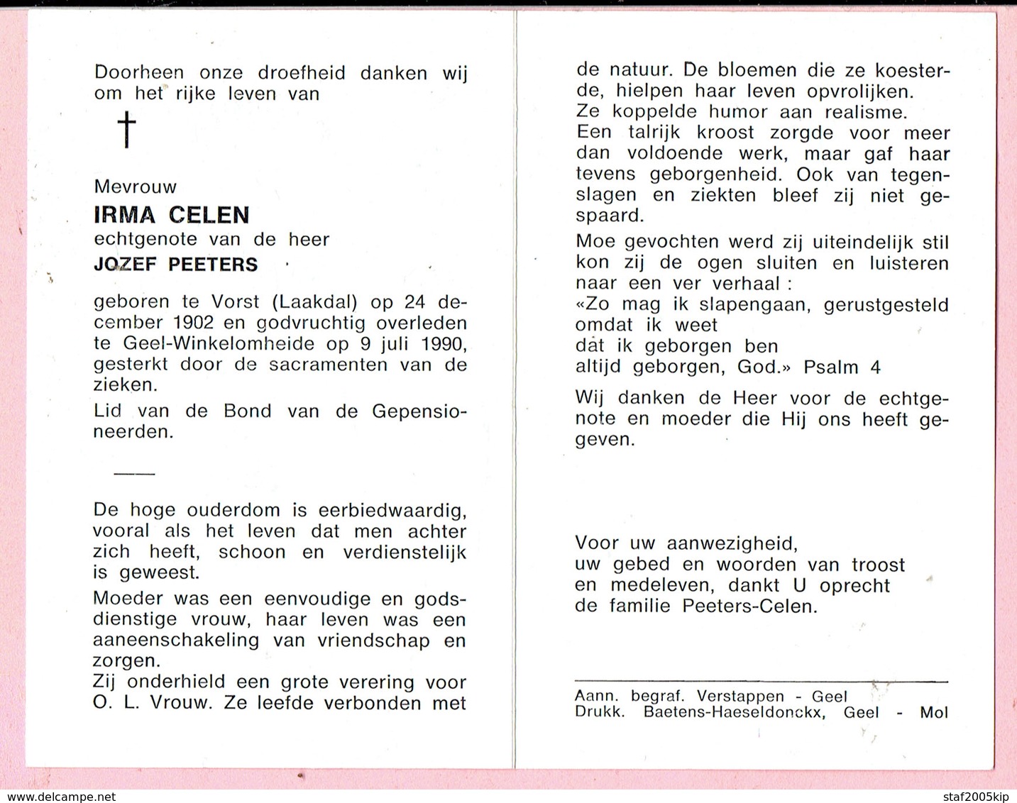 Bidprentje - Irma CELEN Echtg. Jozef PEETERS - Vorst (Laakdal) 1902 - Geel-Winkelomheide 1990 - Godsdienst & Esoterisme