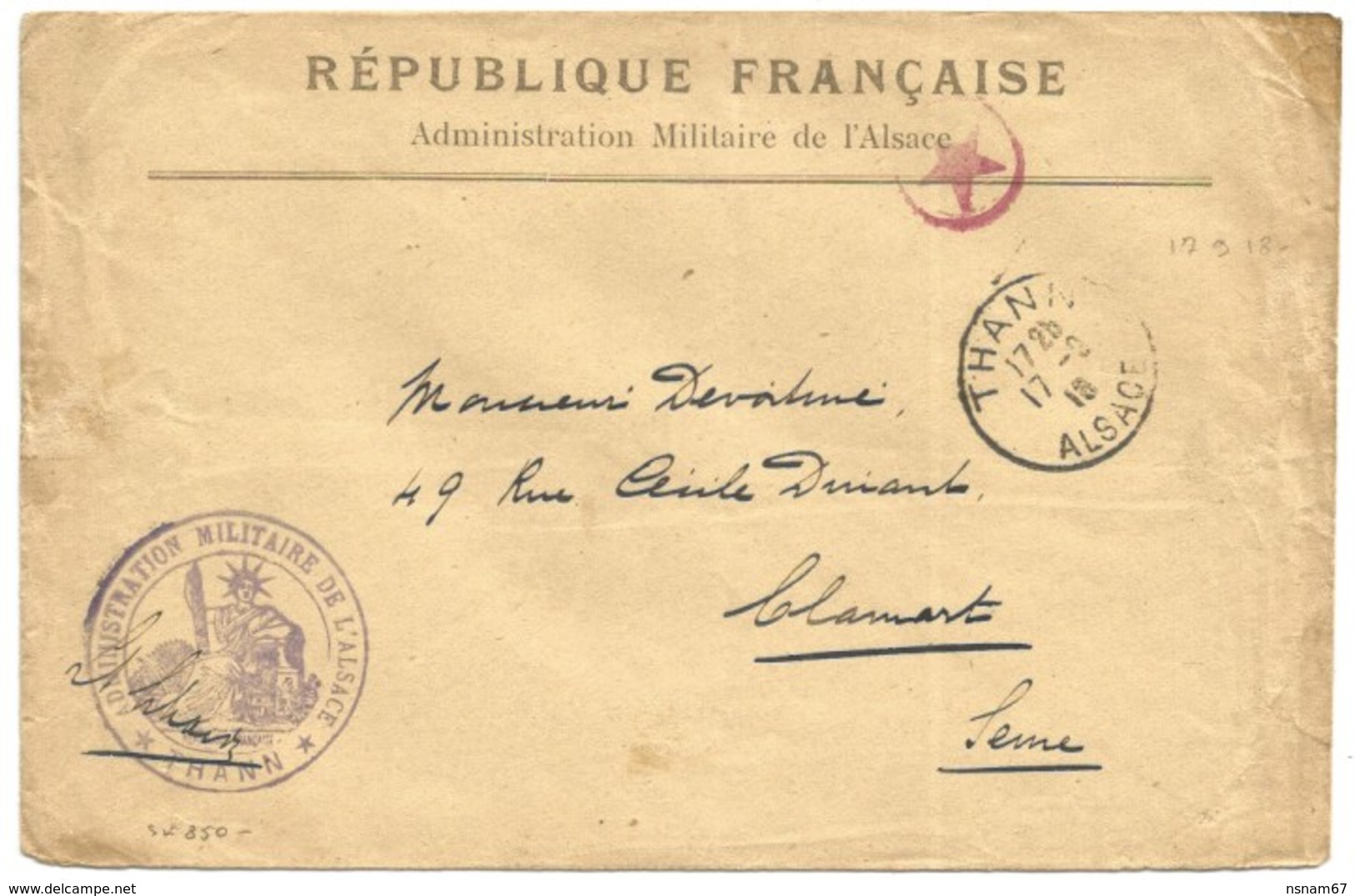 Sk850 - THANN - 1918 - Alsace Reconquise Pour FRANCE - Franchise ADMINISTRATION MILITAIRE - Censure Etoile ROUGE - - Lettres & Documents