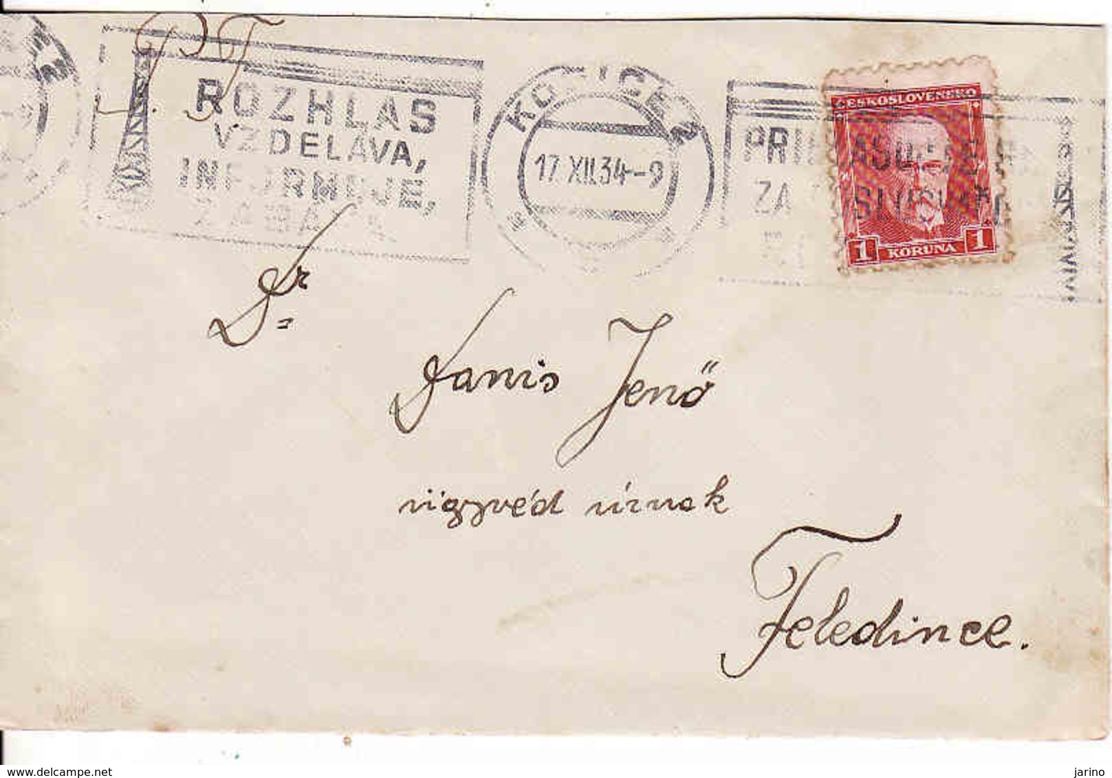 Czechoslovakia 1934, Cover Košice - Feledince /teraz Jesenské/ - Covers & Documents