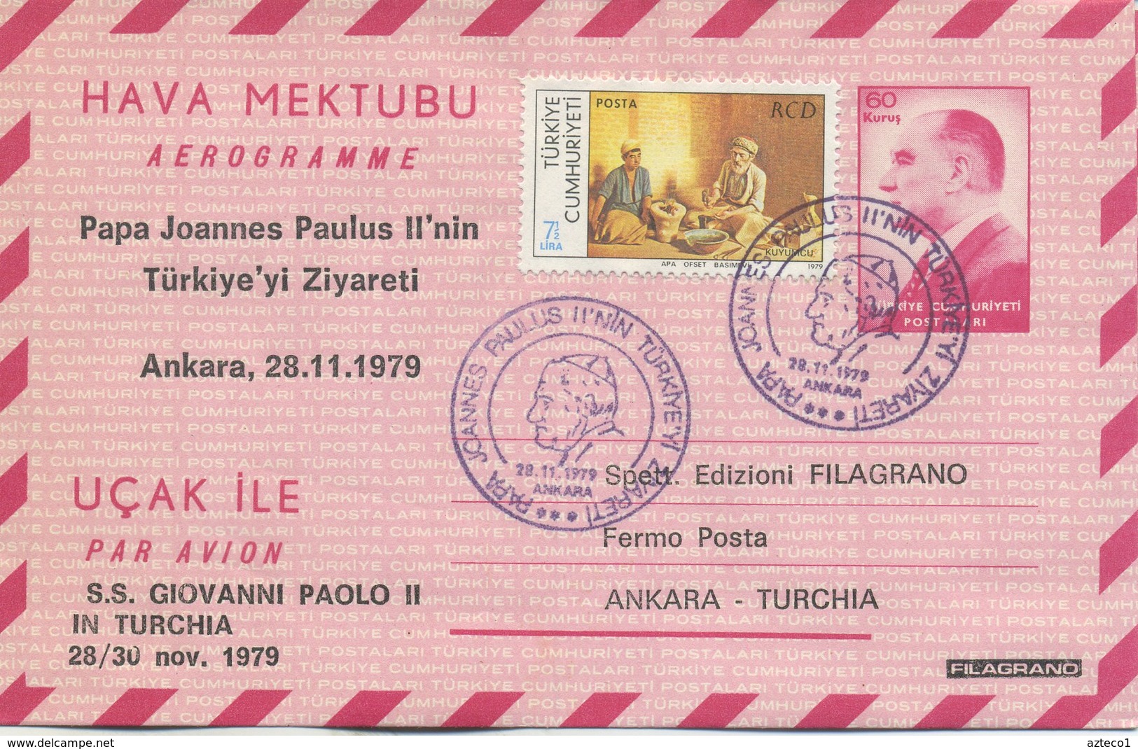 TURCHIA  - AEROGRAMME 1979 - VIAGGIO DEL PAPA IN TURCHIA - ANKARA - Ganzsachen