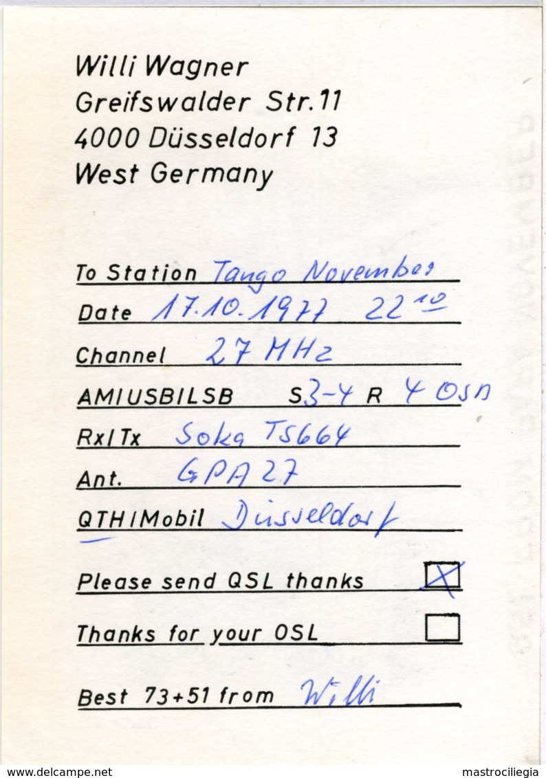 QSL RADIO DÜSSELDORF  From PAPA NOVEMBER  1977 - Radio Amatoriale