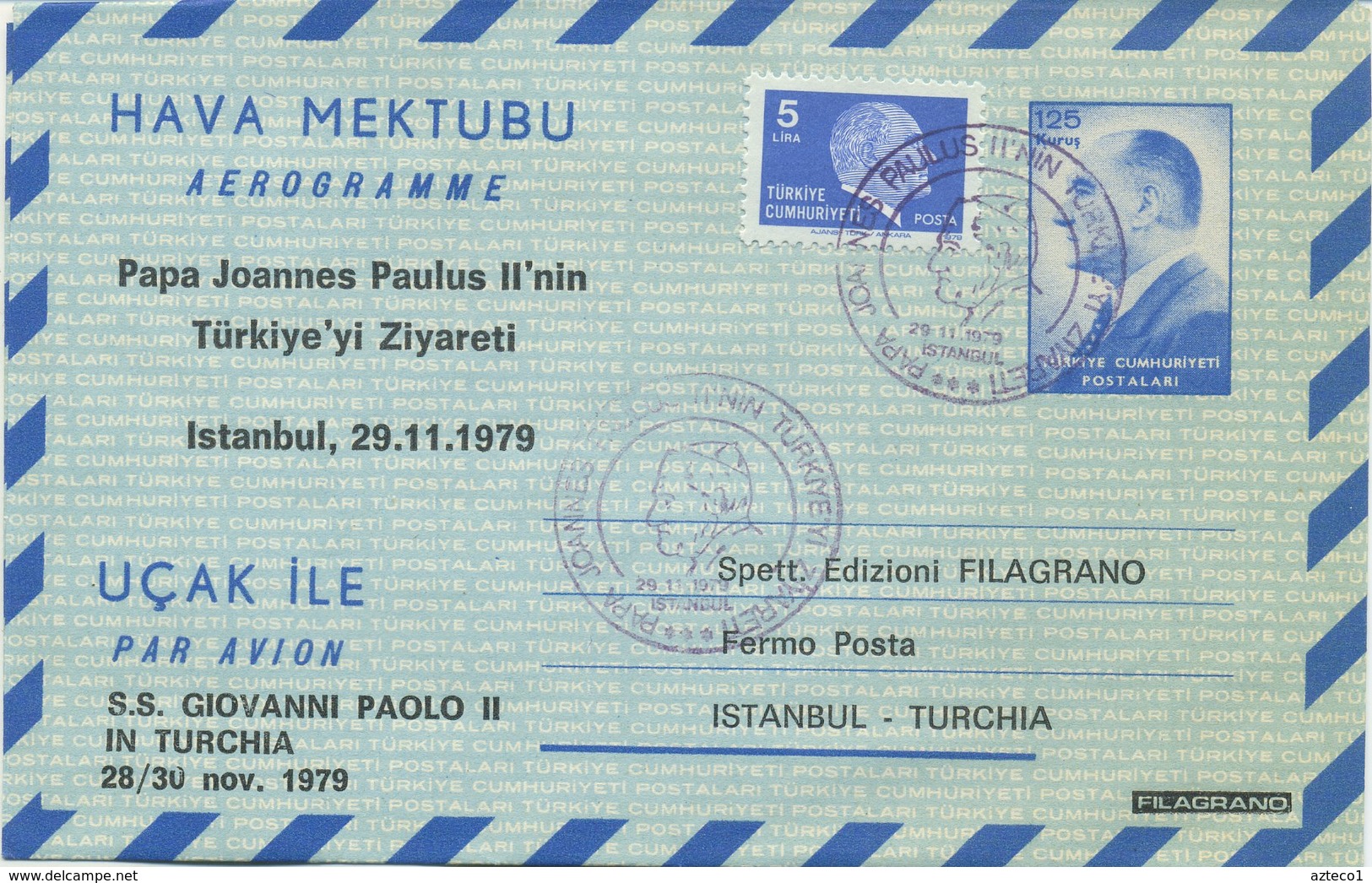 TURCHIA  - AEROGRAMME 1979 - VIAGGIO DEL PAPA IN TURCHIA - ISTANBUL - Postal Stationery