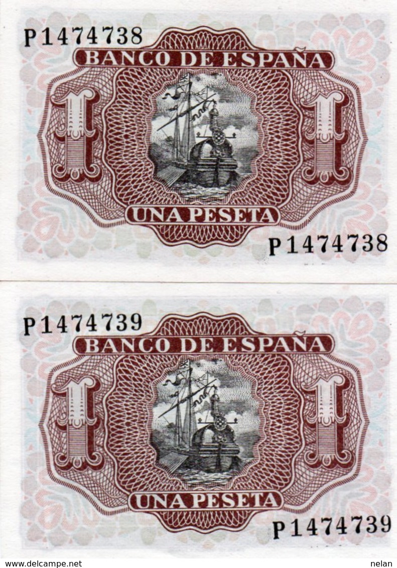 SPAIN 1 PESETA 1953 P-144a.1  UNC  CONSECUTIV SERIE P 1474738-9 - 1-2 Pesetas