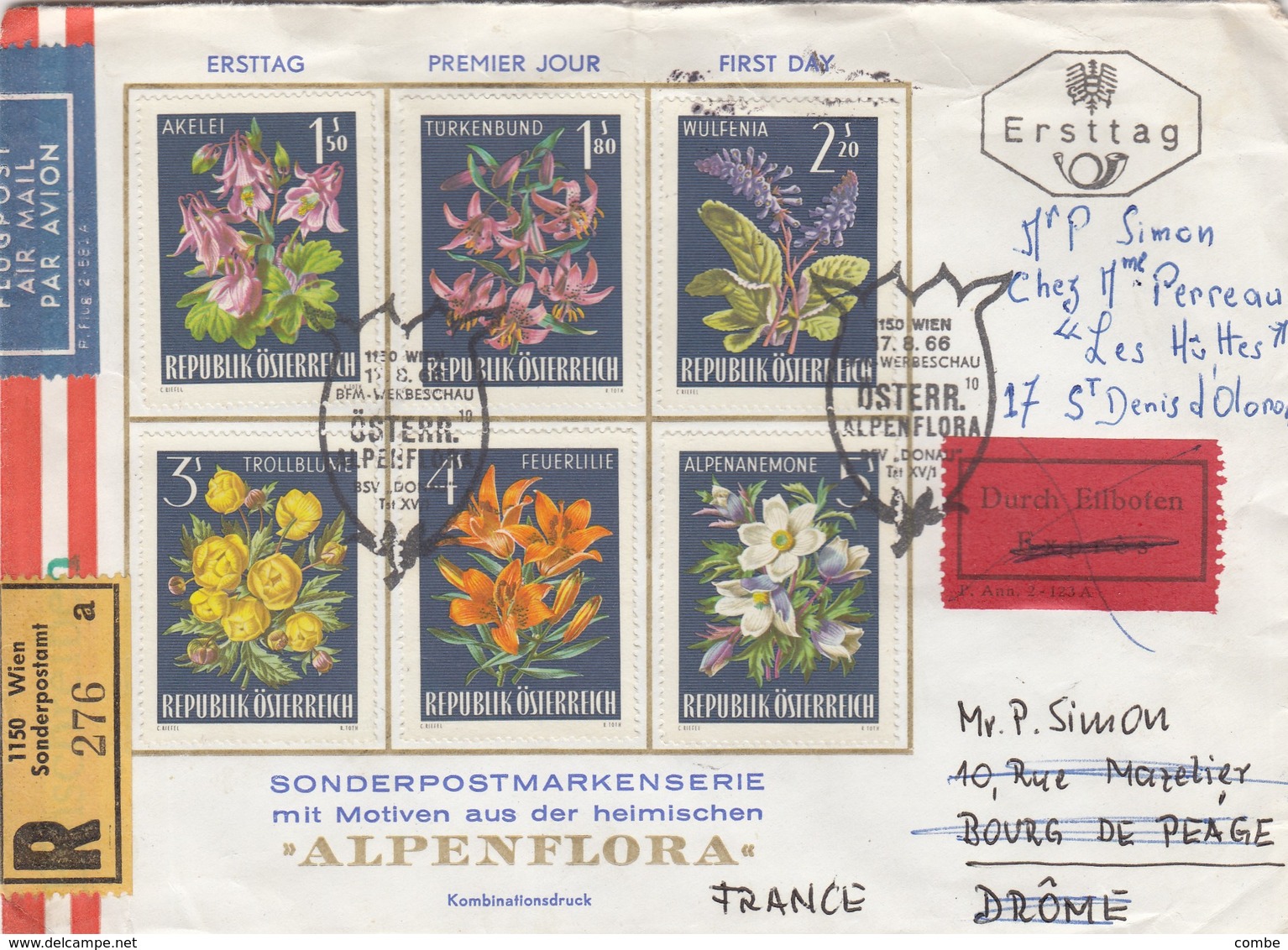 LETTRE.  AUTRICHE. 7 8 66. ALPENFLORA. RECOMMANDE EXPRES. WIEN POUR LA FRANCE - Sonstige & Ohne Zuordnung