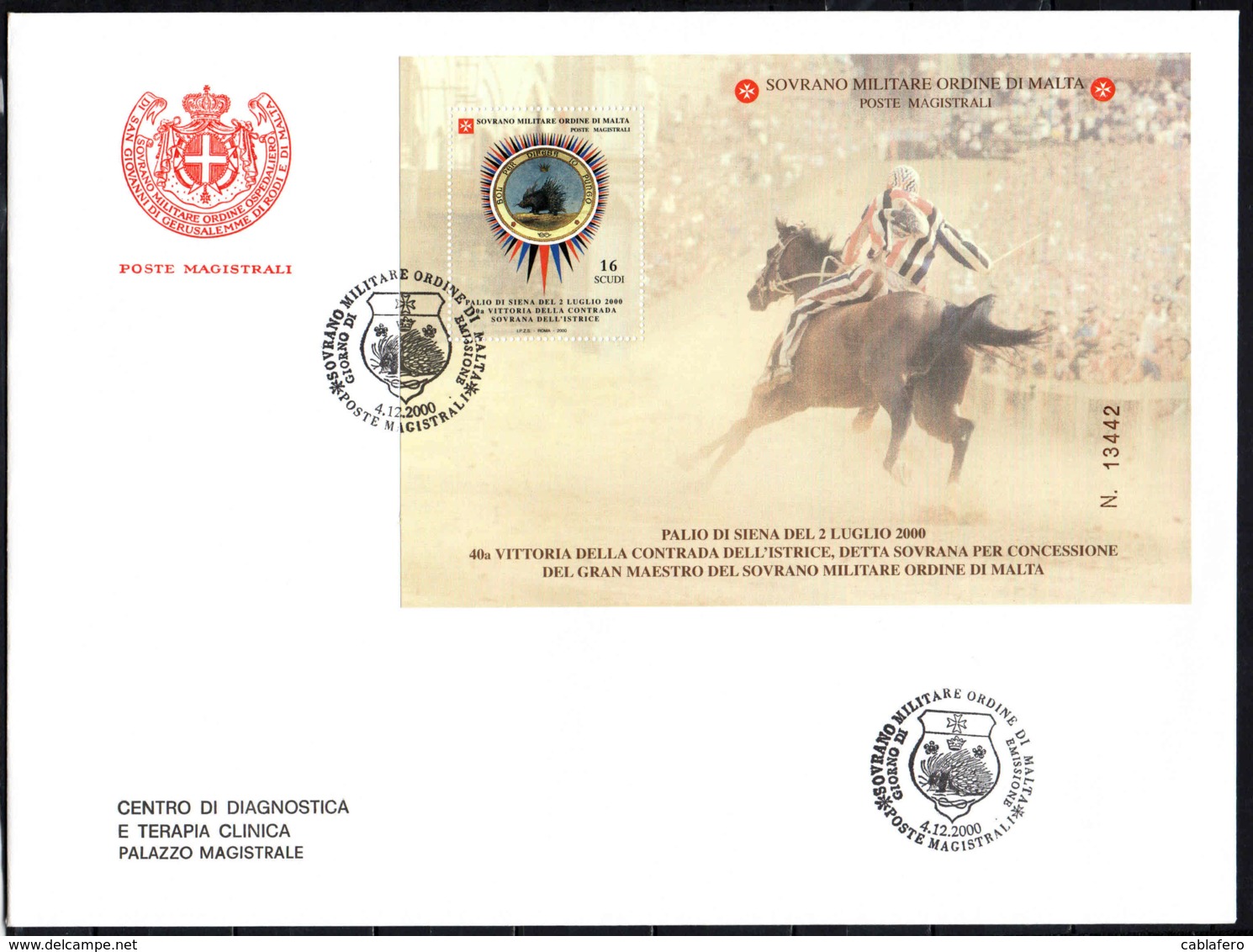 SMOM - 2000 - PALIO DI SIENA DEL 21 LUGLIO 2000 - 40^ VITTORIA DELLA CONTRADA SOVRANA DELL'ISTRICE -FDC - Sovrano Militare Ordine Di Malta