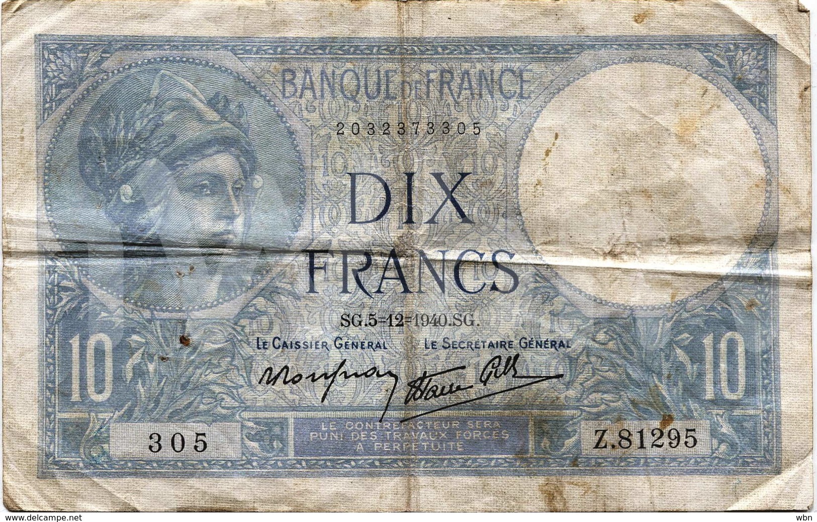France 10 Francs (P84) 1940 -G- - 10 F 1916-1942 ''Minerve''