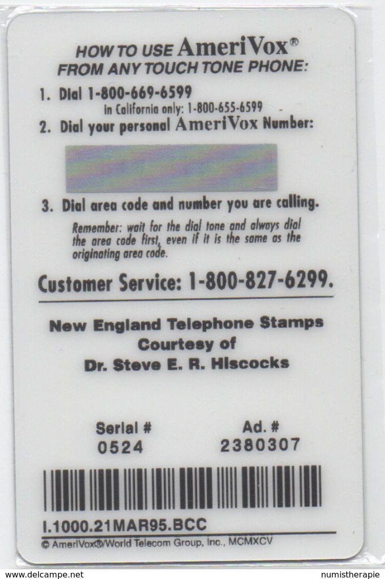 USA : AmeriVox : Série Timbres Fiscaux Téléphoniques : New England USA (sous Emballage - PIN Non-gratté) - Francobolli & Monete