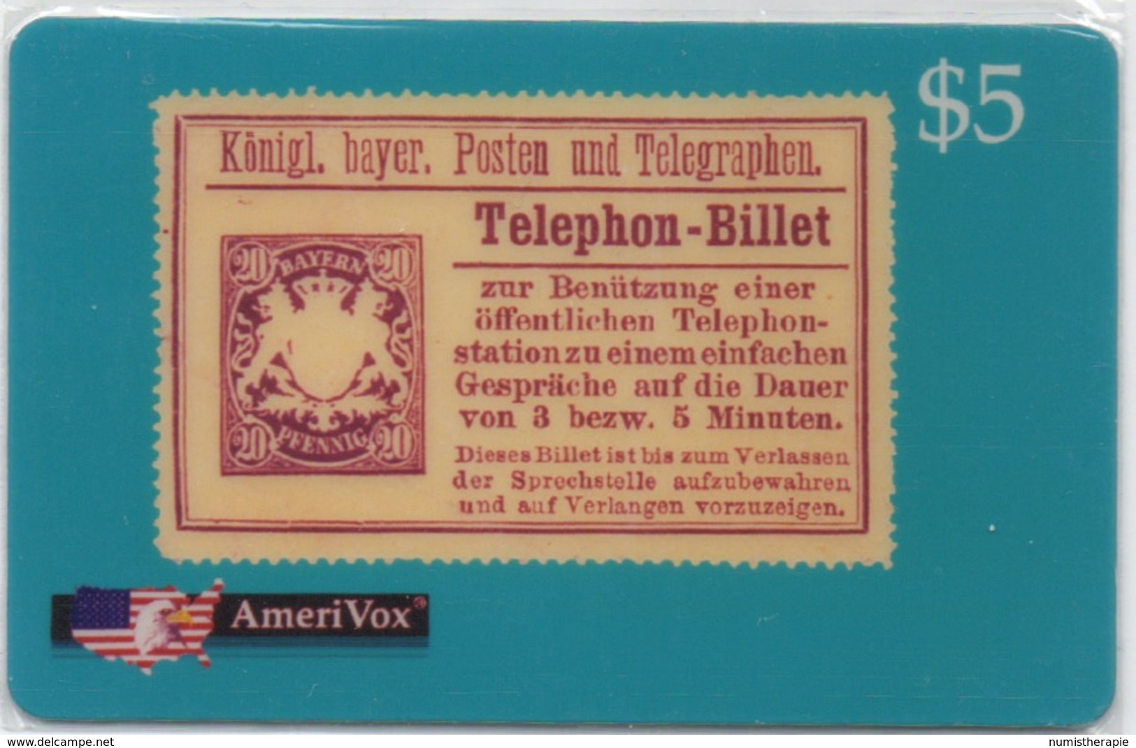 USA : AmeriVox : Série Timbres Fiscaux Téléphoniques : Bayern Allemagne (sous Emballage - PIN Non-gratté) - Francobolli & Monete