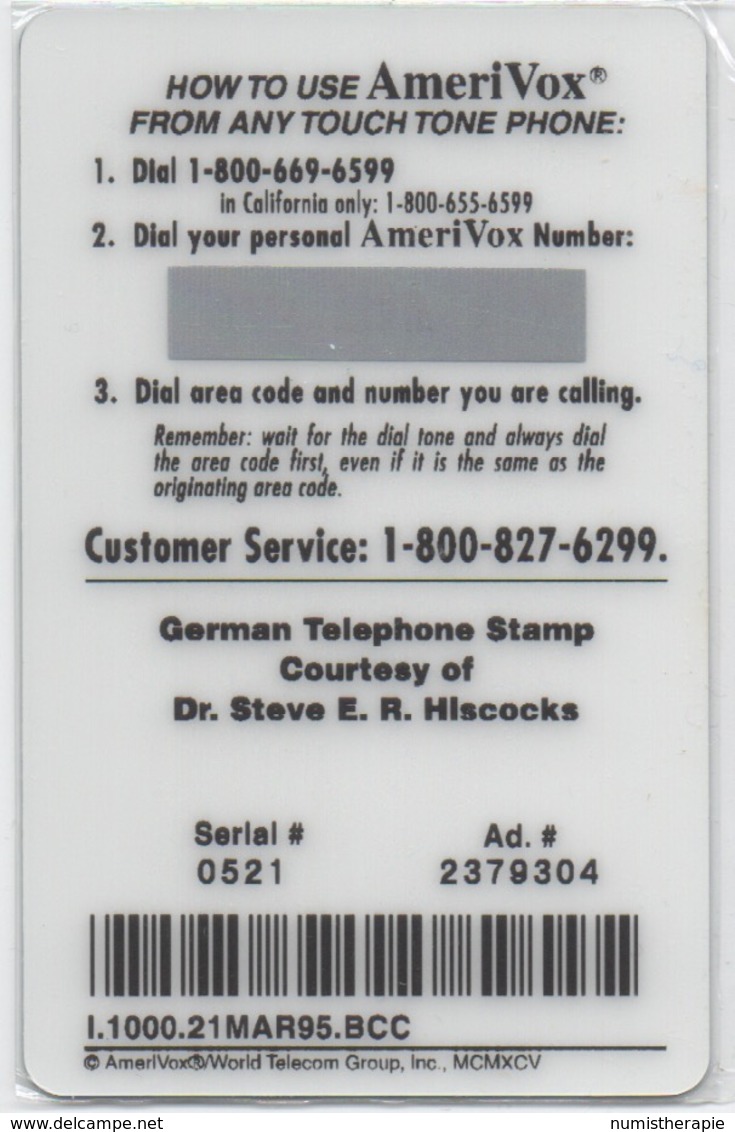 USA : AmeriVox : Série Timbres Fiscaux Téléphoniques : Bayern Allemagne (sous Emballage - PIN Non-gratté) - Postzegels & Munten