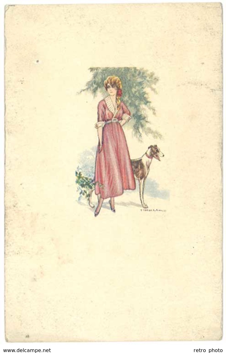 Cpa Illustrateur Signée Corbella - Femme Et Chien Lévrier - Corbella, T.