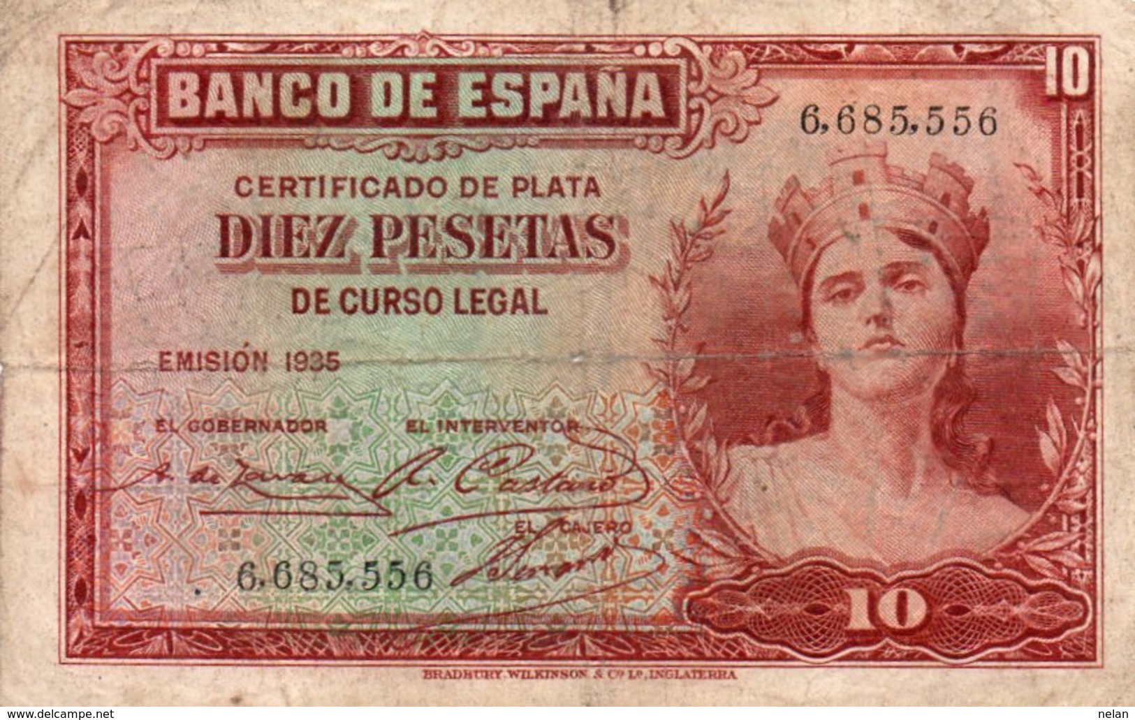 SPAIN 10 PESETAS 1935  P-86a.1  CIRC  SERIE 6685556 - 10 Peseten