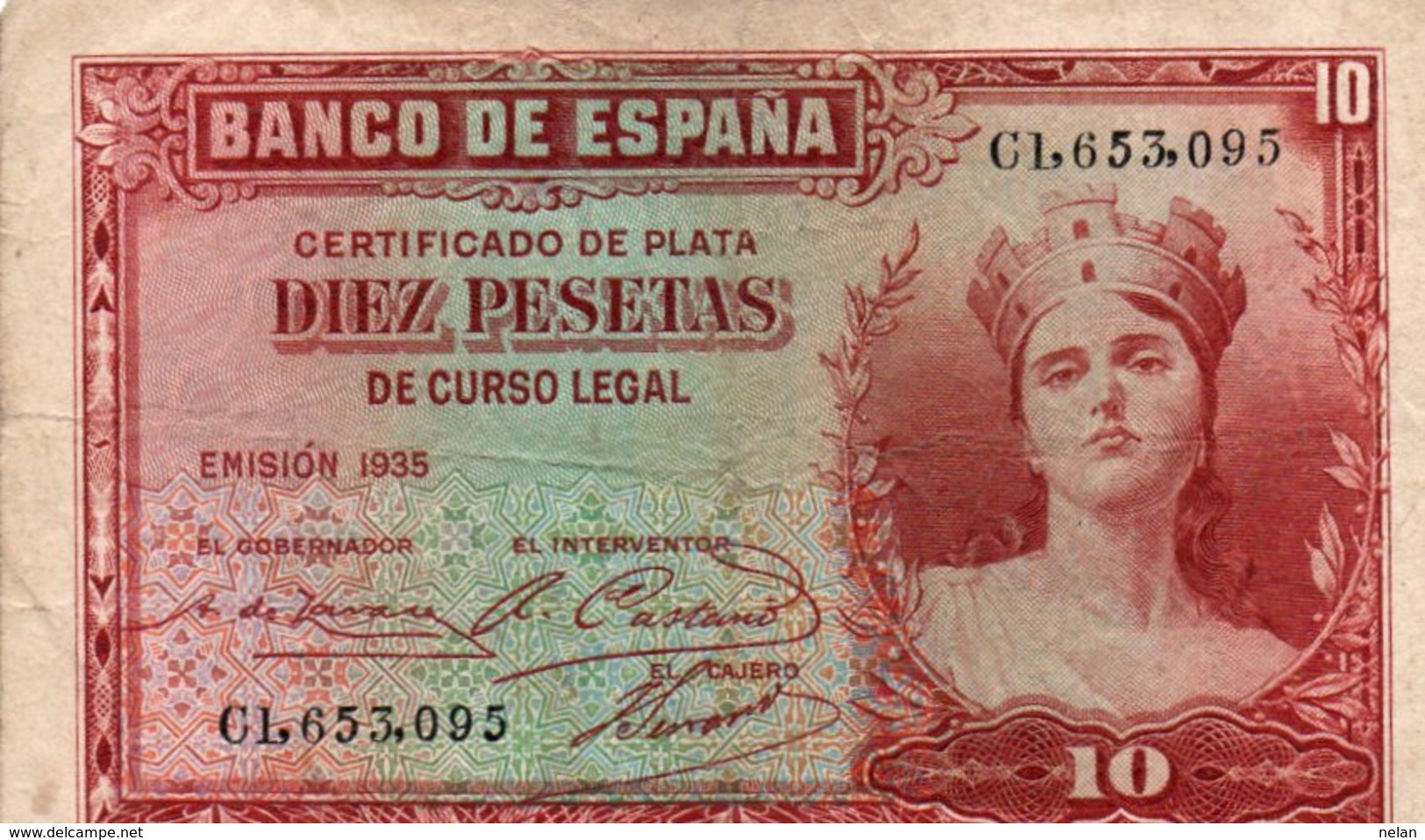 SPAIN 10 PESETAS 1935  P-86a.2  CIRC - 10 Peseten