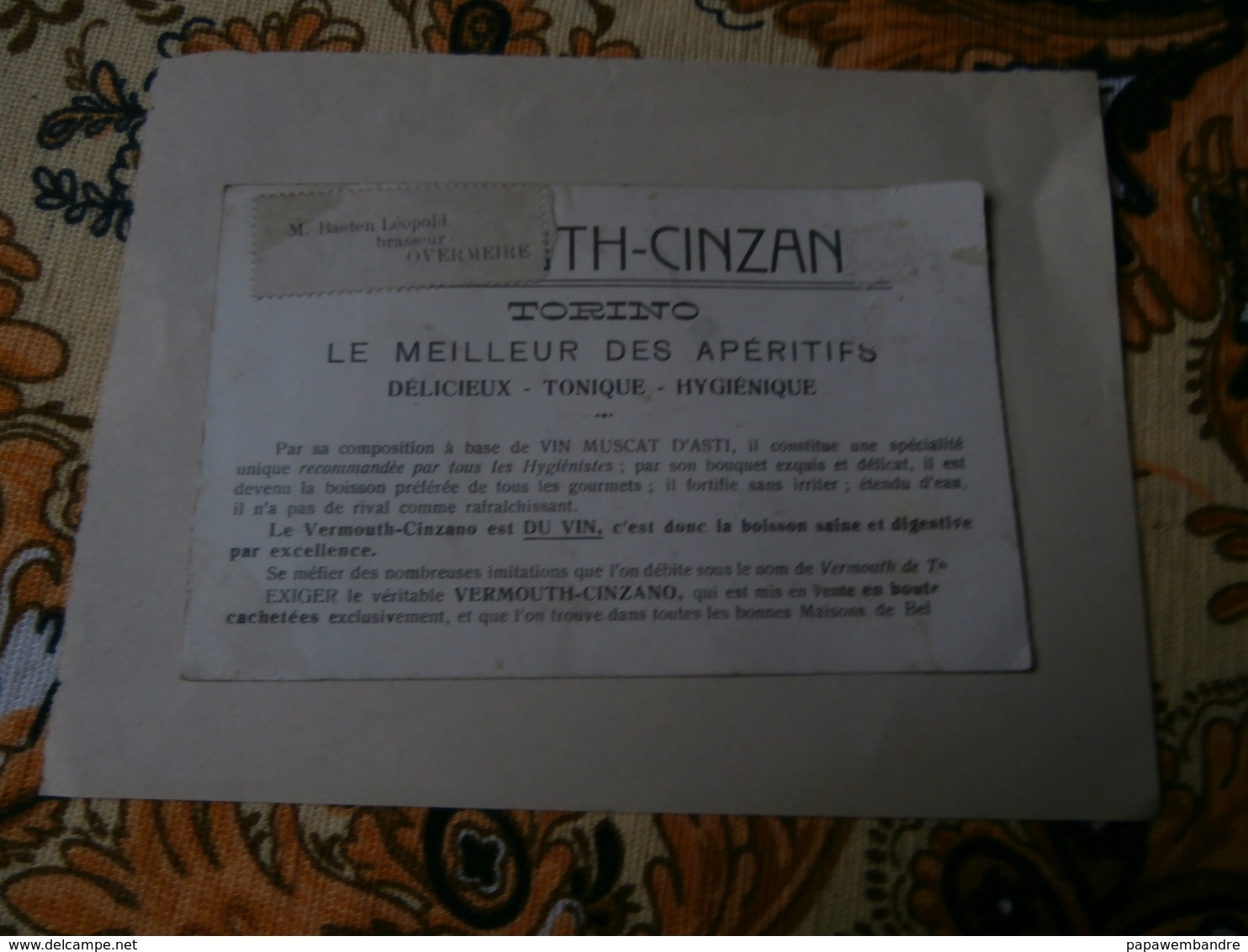 Carte Publicitaire Vino Vermouth Fco Cinzano Cia (Hohenstein Adolf, Baeten) Années 20 ? - Autres & Non Classés