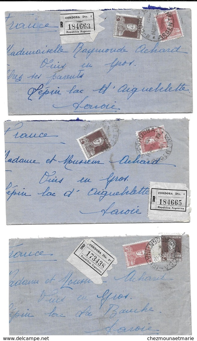 CORDOBA 1932 ARGENTINE RECOMMANDE POUR ACHARD VINS EN GROS SAVOIE - LOT DE 3 ENVELOPPES - Covers & Documents