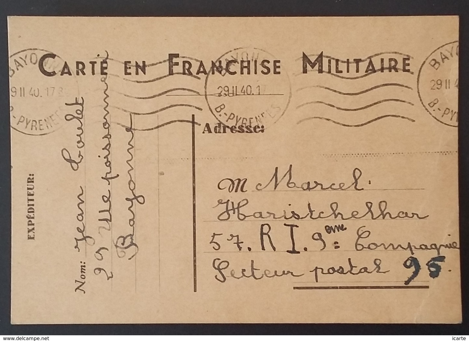 Carte De Franchise Militaire De Bayonne Vers Le 57e Régiment D'Infanterie Février 1940 - Lettres & Documents