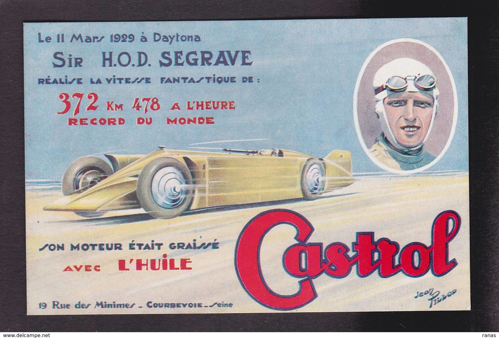 CPA Publicité Voiture Automobile Publicitaire Réclame Non Circulé Castrol Courbevoie Segrave Daytona Par Jean Pillod - Advertising