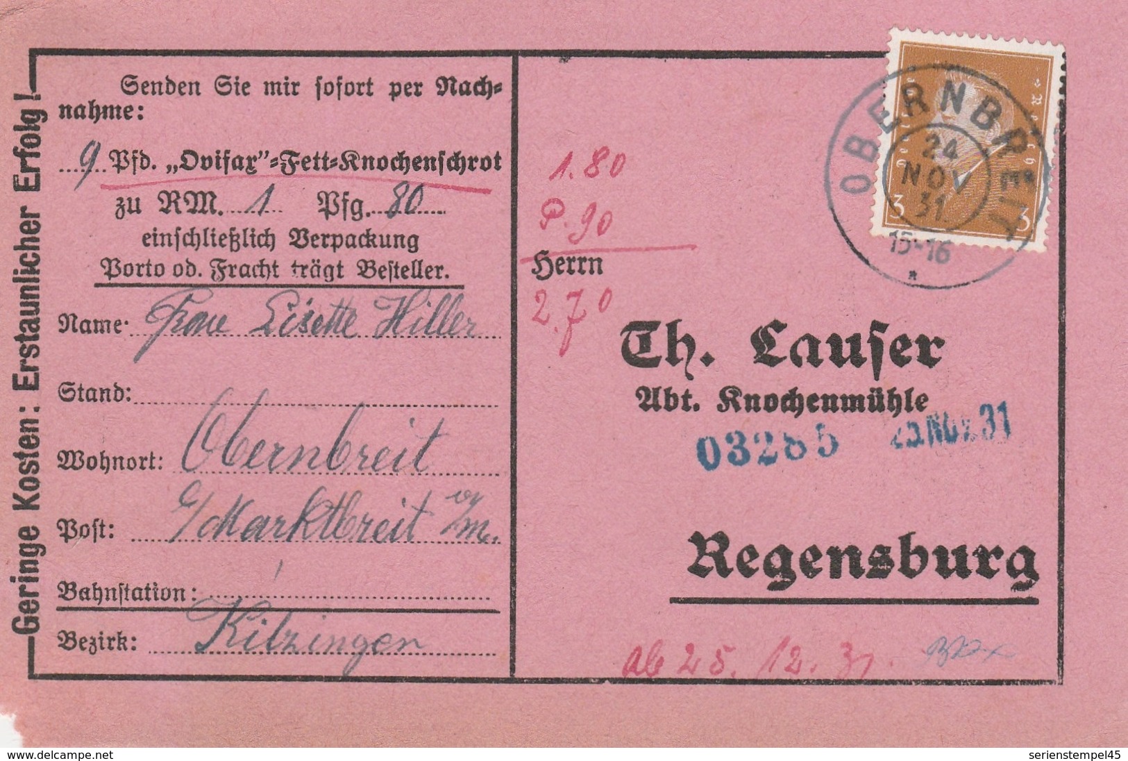 Deutsches Reich Karte Mit Tagesstempel Obernbreit 1931 Marktbreit Lk Unterfranken - Lettres & Documents