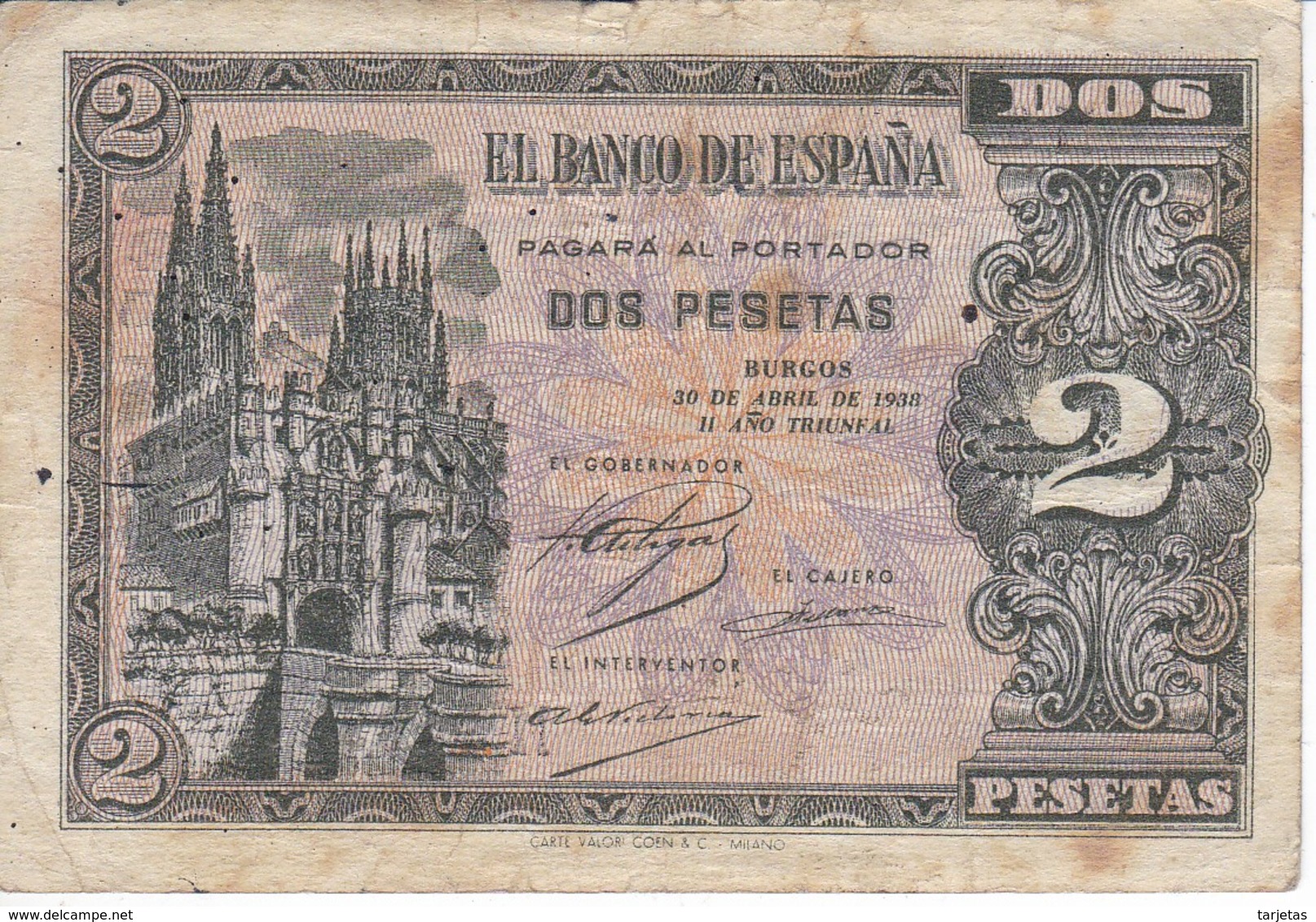 BILLETE DE ESPAÑA DE 2 PTAS  DEL AÑO 1938 SERIE M CALIDAD BC  (BANKNOTE) - 1-2 Pesetas