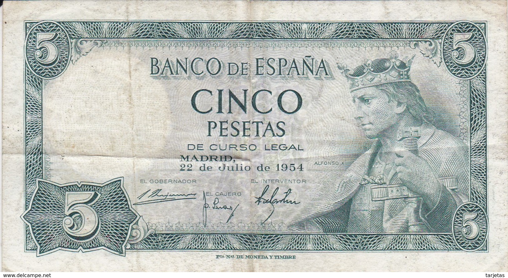 BILLETE DE 5 PTAS DEL AÑO 1954 DE ALFONSO X SIN SERIE  (BANKNOTE) - 5 Pesetas