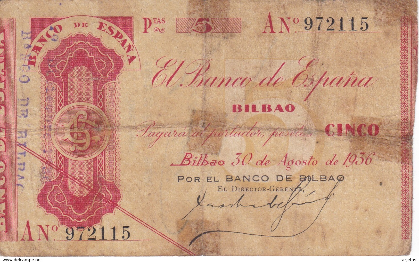 BILLETE DE ESPAÑA  5 PTAS DEL BANCO DE BILBAO AÑO 1936 SERIE A (BANKNOTE) FIRMA BANCO DE VIZCAYA - 5 Pesetas