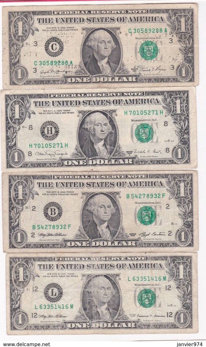 Etats-Unis. 4 Billets De 1 Dollar 1981 1988 1993 1999, Circulés. - Billets De La Federal Reserve (1928-...)