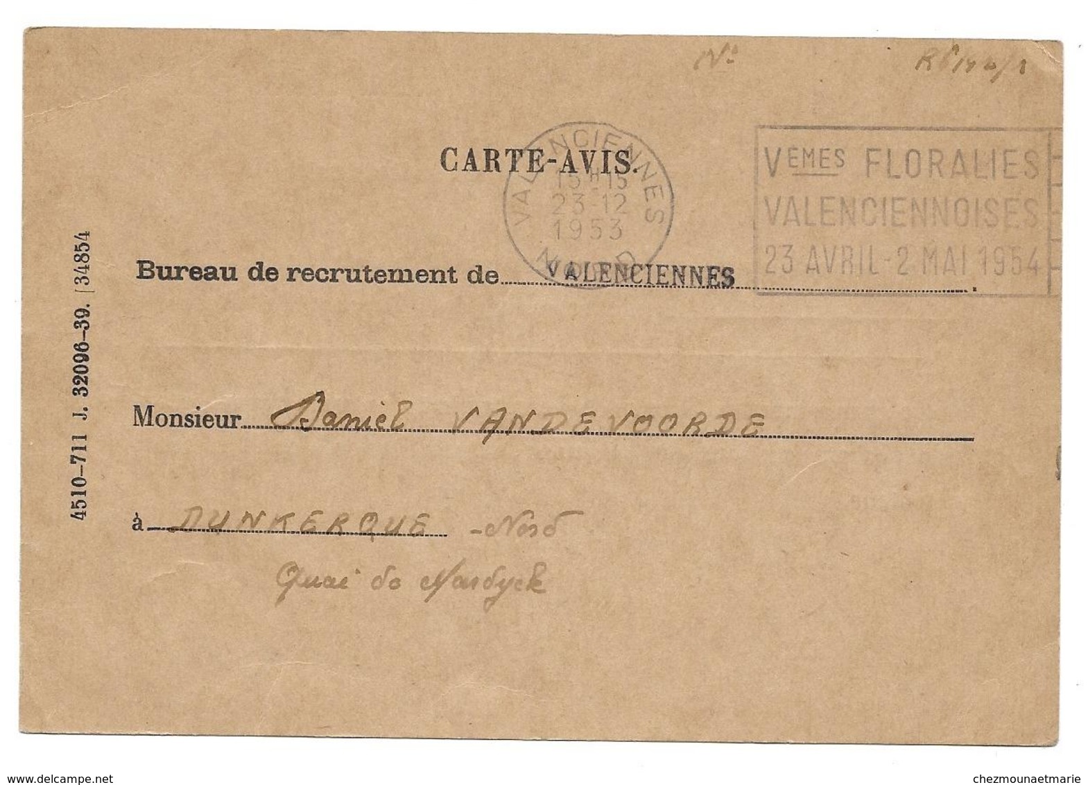 CARTE AVIS 1953 RECRUTEMENT VALENCIENNES VANDEVOORDE DUNKERQUE QUAI MARDYCK - CPA CORRESPONDANCE MILITAIRE - Regimenten