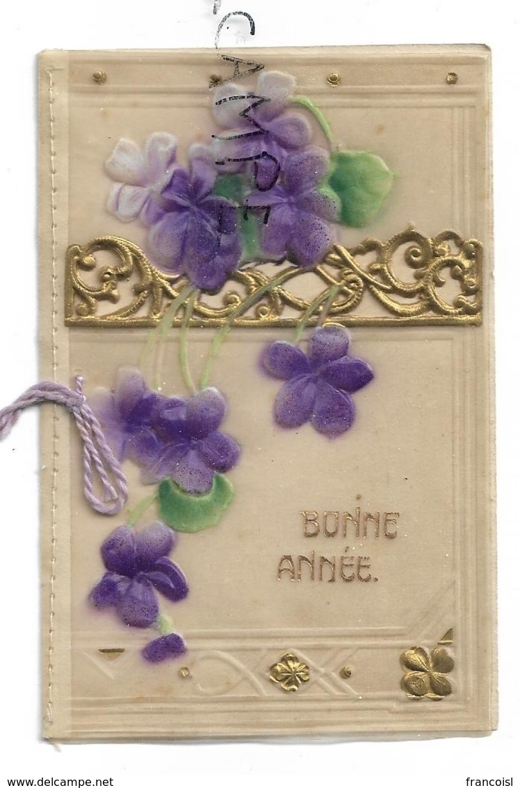 Mignonnette De Vœux. Bouquet De Violettes, Barrière Dorée, Nœud. Translucide, relief. - Nouvel An